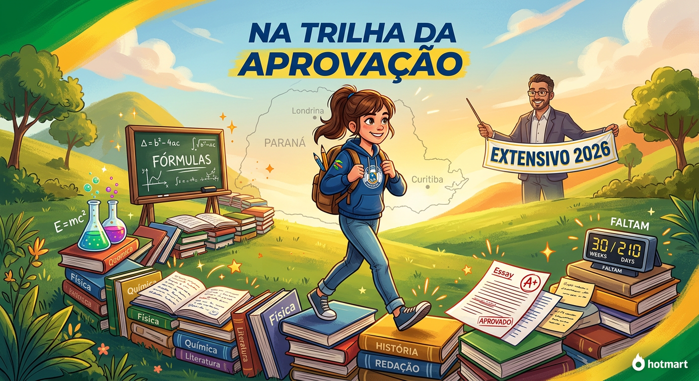 Ilustração de estudante percorrendo uma trilha de livros e materiais de estudo, com símbolos de química, matemática e redação, sobre o mapa do Paraná, representando o curso Extensivo 2026 do Professor JV.