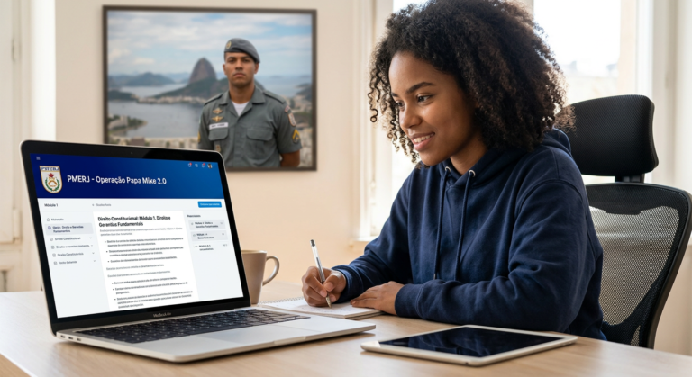 Jovem estudante focado em preparatório PMERJ Operação Papa Mike 2.0 no laptop, com material didático simplificado e um policial PMERJ ao fundo no Rio de Janeiro.