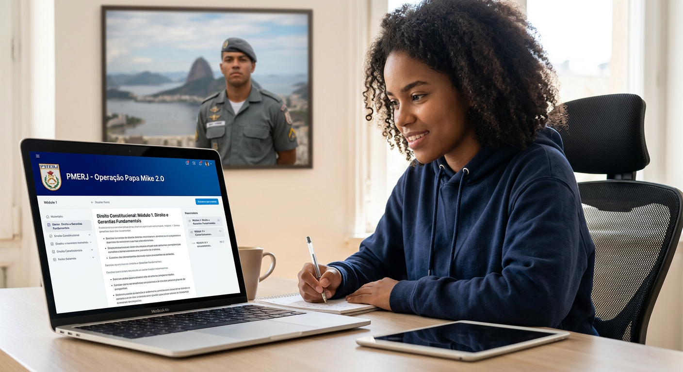 Jovem estudante focado em preparatório PMERJ Operação Papa Mike 2.0 no laptop, com material didático simplificado e um policial PMERJ ao fundo no Rio de Janeiro.