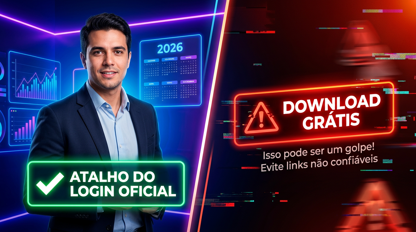 Victor Damásio mostra o atalho oficial de login ao lado da armadilha de download grátis, em um visual dividido que destaca segurança versus promessa enganosa.