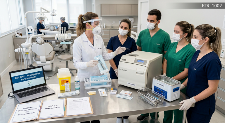 Dentista e equipe em workshop de Biossegurança Inteligente, demonstrando protocolos de esterilização e documentos POP conforme RDC 1002.