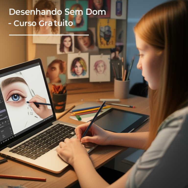 Jovem artista estudando desenho realista com lápis de cor, laptop e tablet, rodeado por exemplos de ilustrações do curso Desenhando Sem Dom.