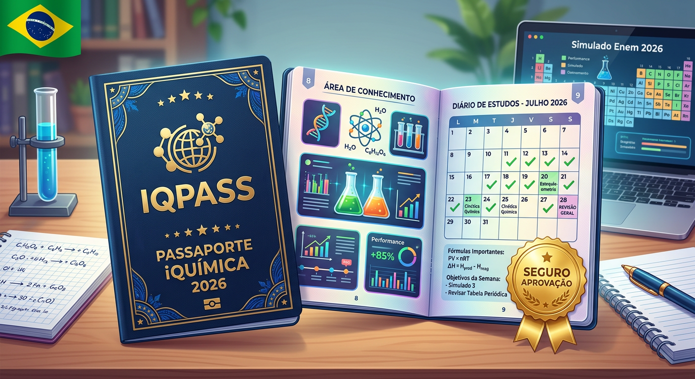 Passaporte IQPASS 2026 aberto mostrando ícones de química, diário de estudos e selo de Seguro Aprovação.