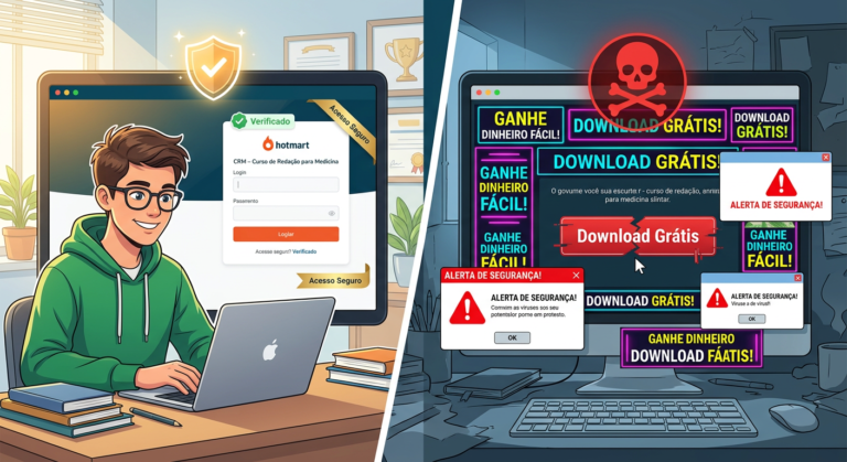 Comparação visual entre o login oficial do CRM – Curso de Redação para Medicina e uma página de download gratuito suspeita, mostrando segurança versus risco.