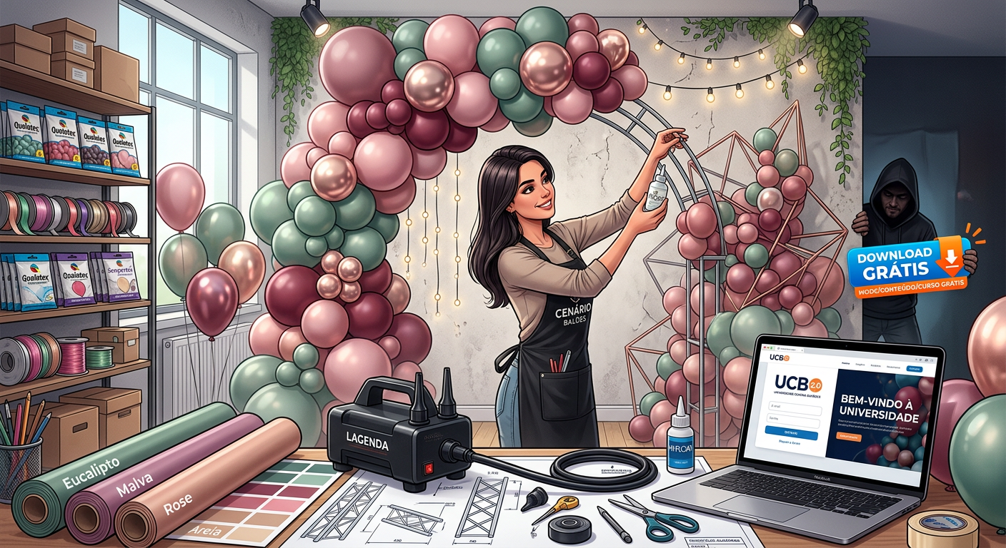 Decorador profissional montando cenografia de balões premium ao lado de laptop com login oficial da Universidade Cenário Balões 2.0, enquanto ao fundo aparece um anúncio enganoso de download gratuito.