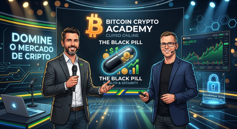 Renato Amoedo e Alan Schramm apresentando o curso Bitcoin Black Pill com símbolo de Bitcoin e pílula preta, transmitindo segurança e oportunidade.