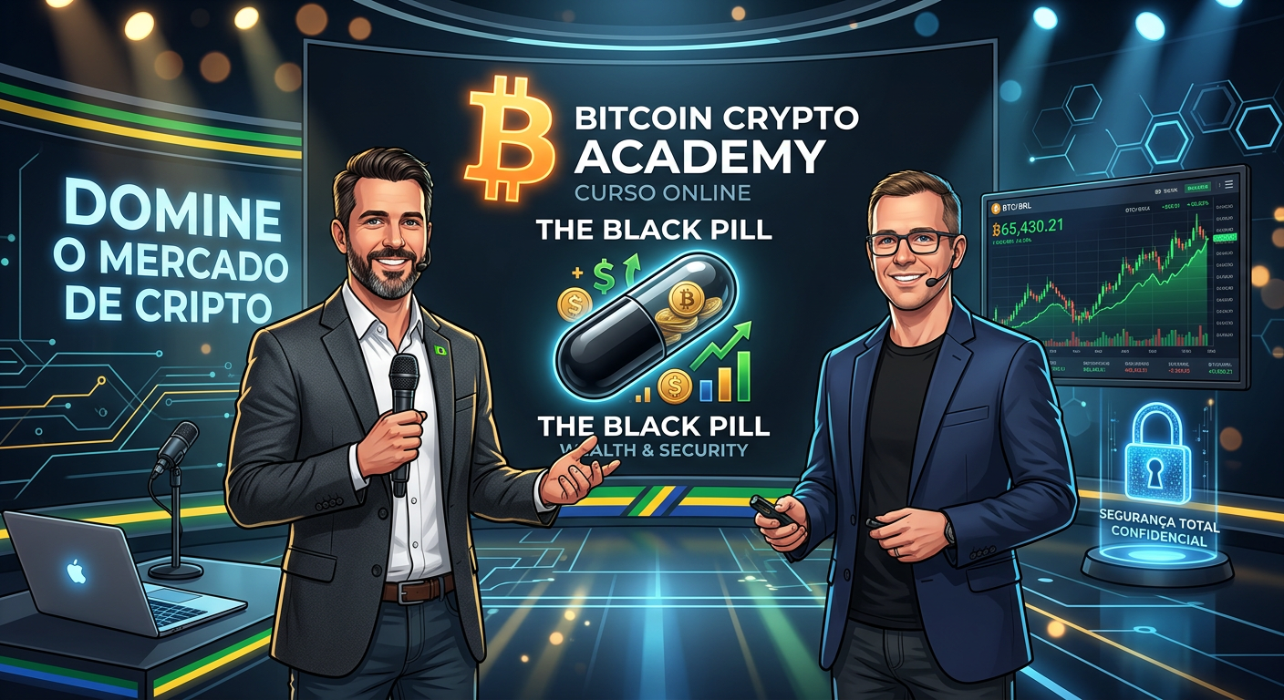 Renato Amoedo e Alan Schramm apresentando o curso Bitcoin Black Pill com símbolo de Bitcoin e pílula preta, transmitindo segurança e oportunidade.