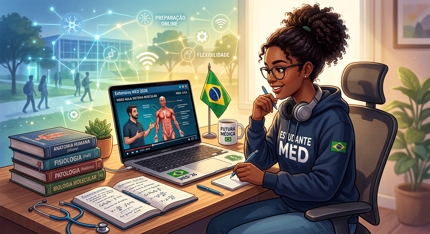 Estudante brasileiro estudando para o vestibular de Medicina com o curso Extensiva MED 2026, usando laptop, livros, estetoscópio e bandeira do Brasil.
