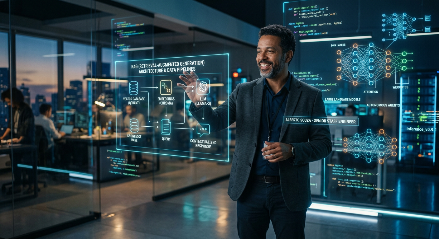 Alberto Souza, instrutor da Especialização Dev + Engenharia de IA, em ambiente tecnológico com visualizações de código e arquiteturas de LLMs e RAG.