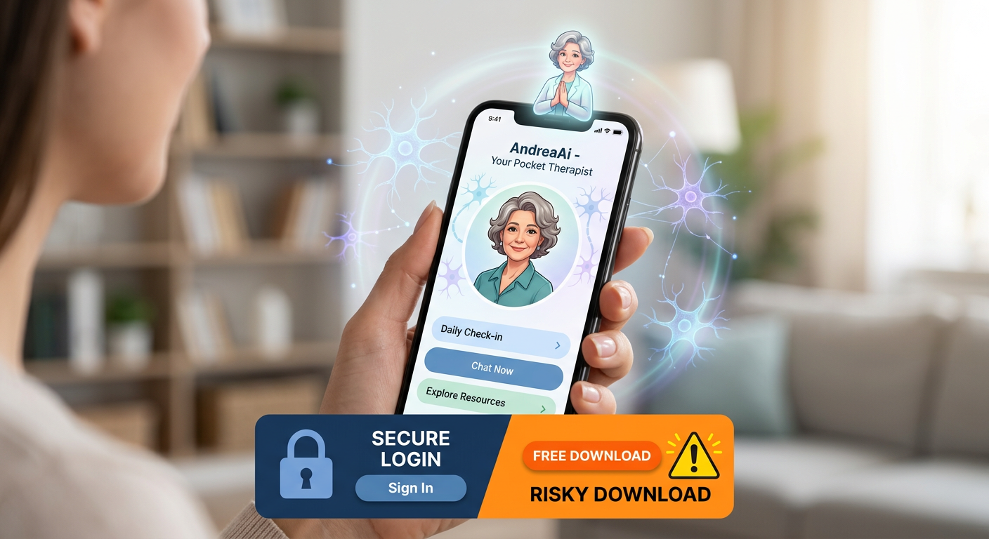 Smartphone showing AndreaAi app with a calm therapist‑like AI avatar, highlighting secure login versus a free download warning.