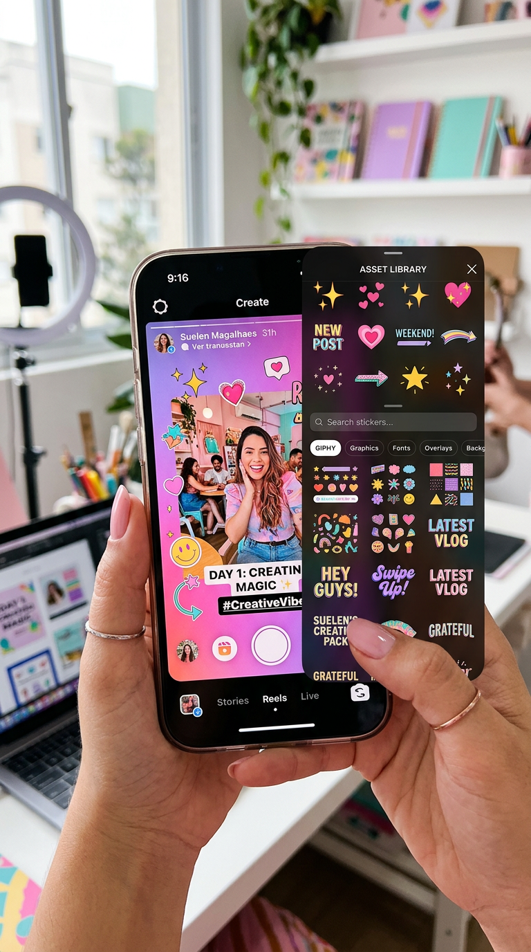 Smartphone screen exibindo um story do Instagram visualmente atraente, com diversos adesivos, elementos gráficos e textos estilizados, representando o 'Pack Stories Perfeitos!' de Suelen Magalhaes.