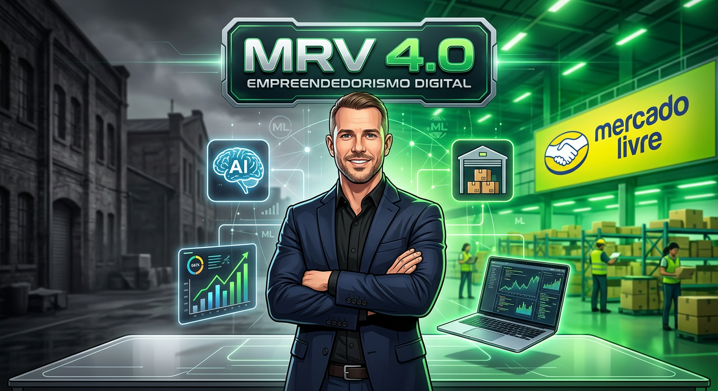 Ilustração de Renan Barbalho apresentando o Método MRV 4.0, com fundo que vai do cinza ao verde e ícones de IA, estoque e marketplace Mercado Livre.