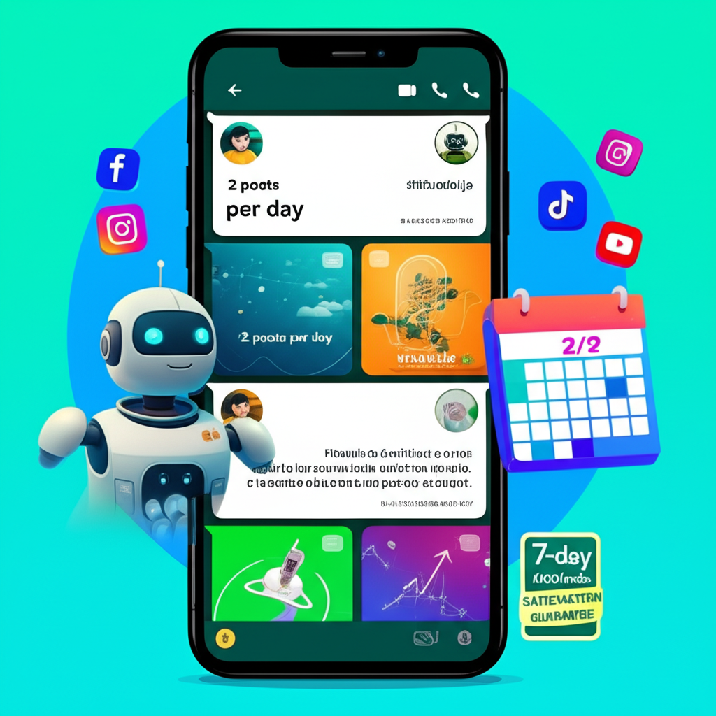 ZAPPOST – É Grátis Como Baixar Acesso Download 1 Smartphone with WhatsApp chat displaying AI‑generated social media posts, surrounded by social media icons and pricing badge.