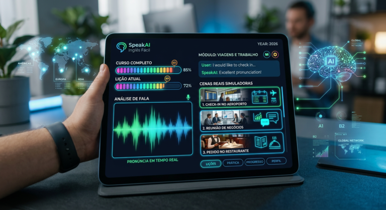 Tela do app SpeakAI Inglês Fácil mostrando correção de pronúncia com espectrograma e simuladores de conversa.