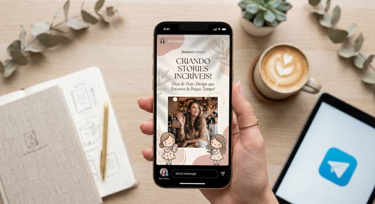 Smartphone com tela exibindo um story do Instagram profissional e feminino, decorado com adesivos digitais do 'StoriesPerfeitos', 'bonequinhas' exclusivas e sombras. Mãos femininas seguram o aparelho em um flat lay com itens de escritório criativo.