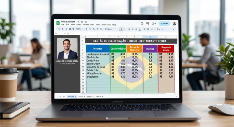 Planilha de Precificação Completa de Lucas Borbs exibindo custos de insumos, taxas de aplicativos de delivery e cálculo automático de markup.