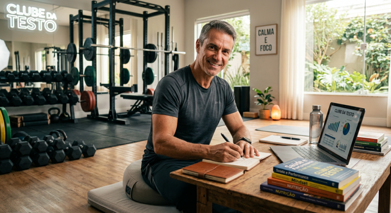 Homem de meia-idade, atlético e confiante, que representa a recuperação de energia e vitalidade proporcionada pelo Clube da Testo de Alessandro Loiola para baixa testosterona e falta de disposição masculina.