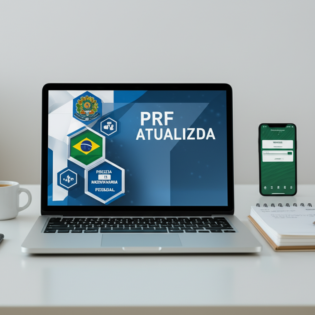 Apostila PRF Atualizada – É Grátis Como Baixar Acesso Download 1 Capa digital da Apostila PRF Atualizada com logo da Polícia Rodoviária Federal, ícones de disciplinas e ambiente de estudo ao lado de um laptop.