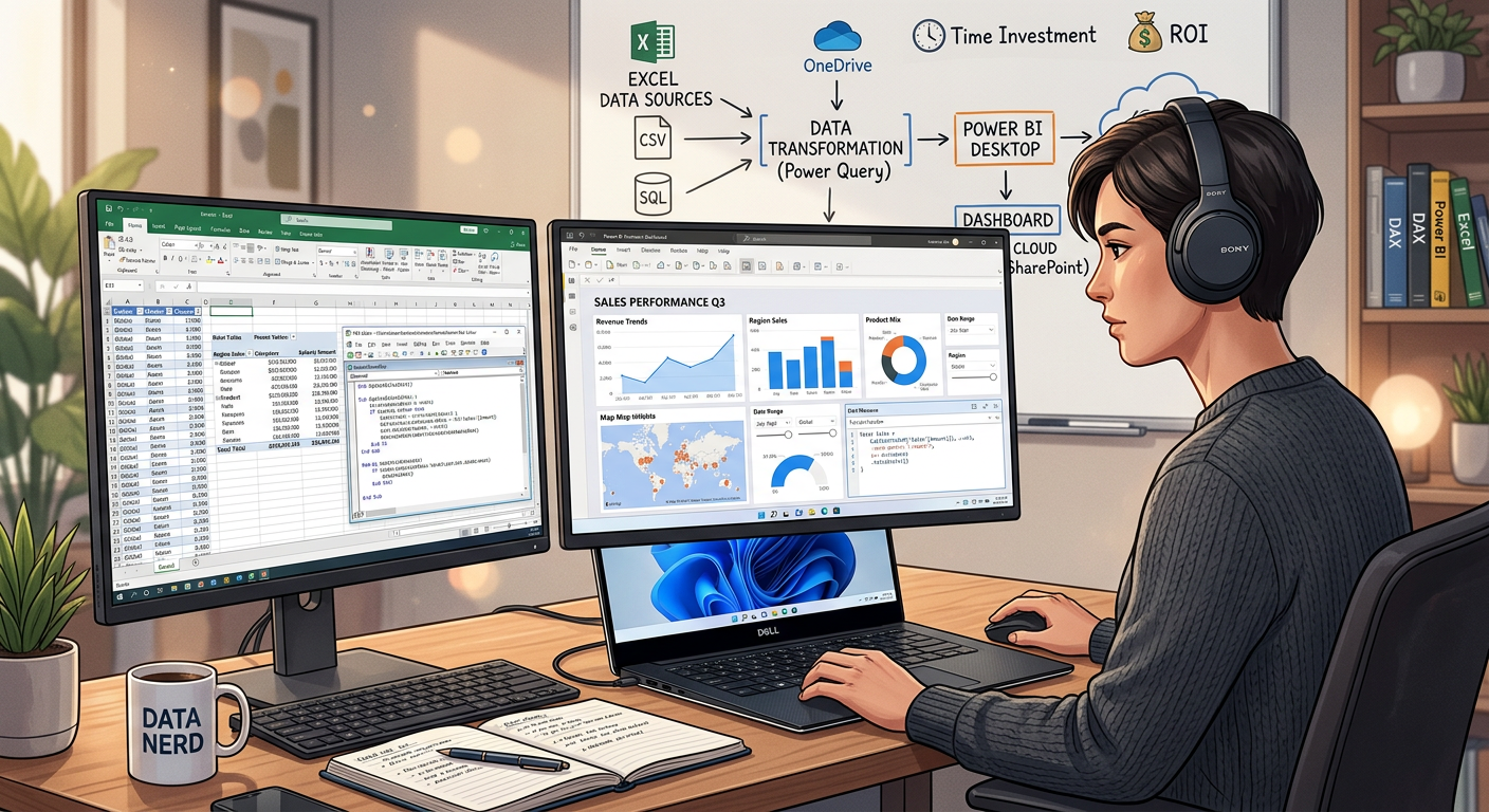 Workspace with laptop showing Power BI dashboard and Excel spreadsheet, illustrating a technical review of an Excel and Power BI course.