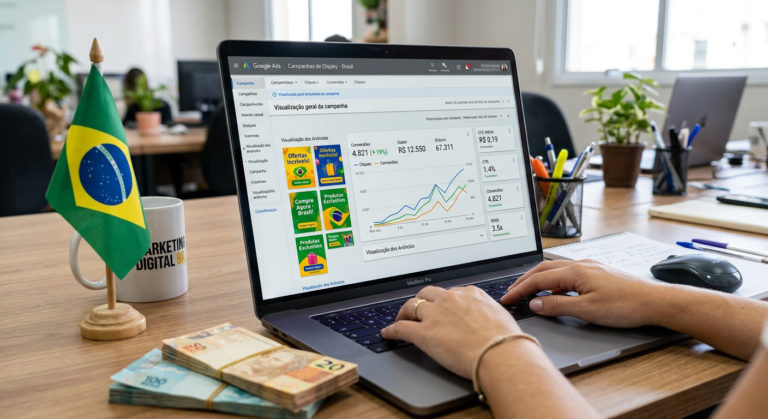 Tela de laptop com painel de campanha do Google Display Ads, gráficos de desempenho e símbolos de dinheiro, representando o método Display Ads de Gabi Carneiro.