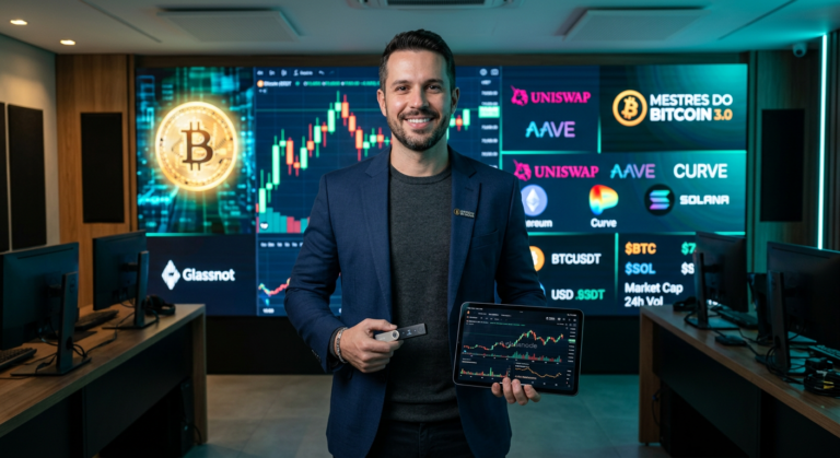 Augusto Backes in a crypto‑trading studio, holding a Ledger wallet and a tablet with Bitcoin charts, surrounded by LED screens displaying market data.