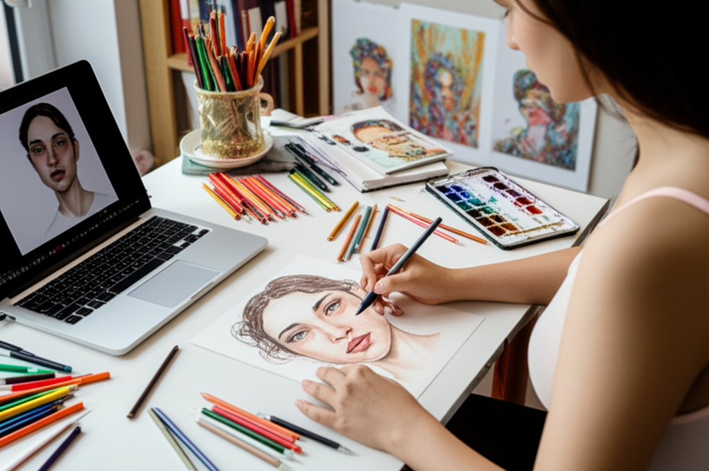 Desenhando Sem Dom – É Grátis Como Baixar Acesso Download 1 Jovem estudando desenho realista com laptop, tablet, lápis de cor e materiais de arte ao fundo.