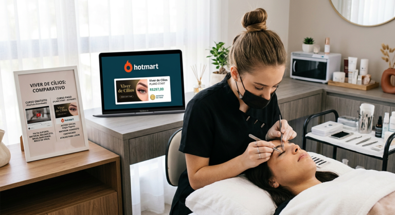 Esteticista aplicando extensões de cílios com kit profissional, ao lado de um laptop exibindo o curso Viver de Cílios Plano Start na plataforma Hotmart.
