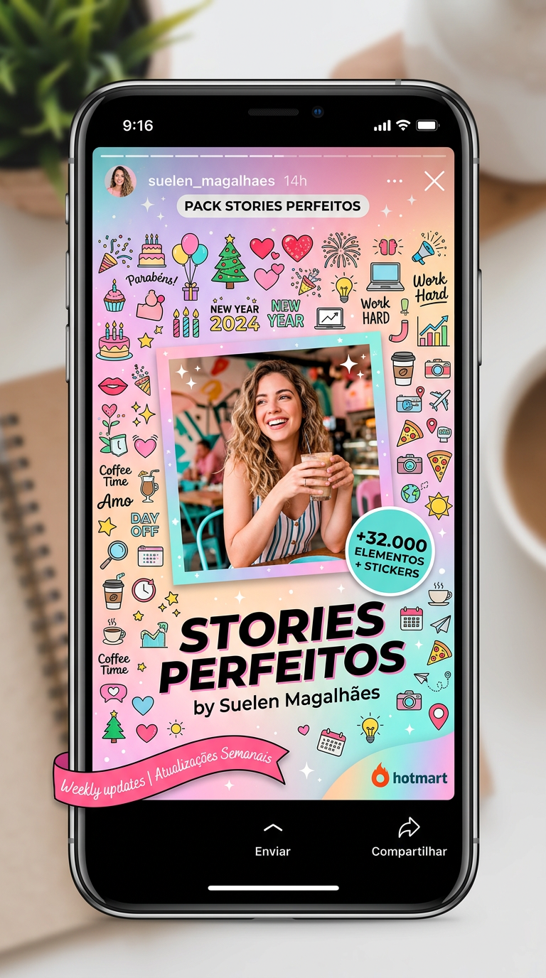 Mockup of an Instagram Story using the Pack Stories Perfeitos, showing a colorful mix of stickers, GIFs and icons.