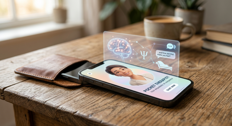 Ilustração de um smartphone exibindo um avatar de terapeuta de IA, com símbolos de psicanálise e um bolso aberto ao fundo, representando o 'terapeuta de bolso' AndreIA.