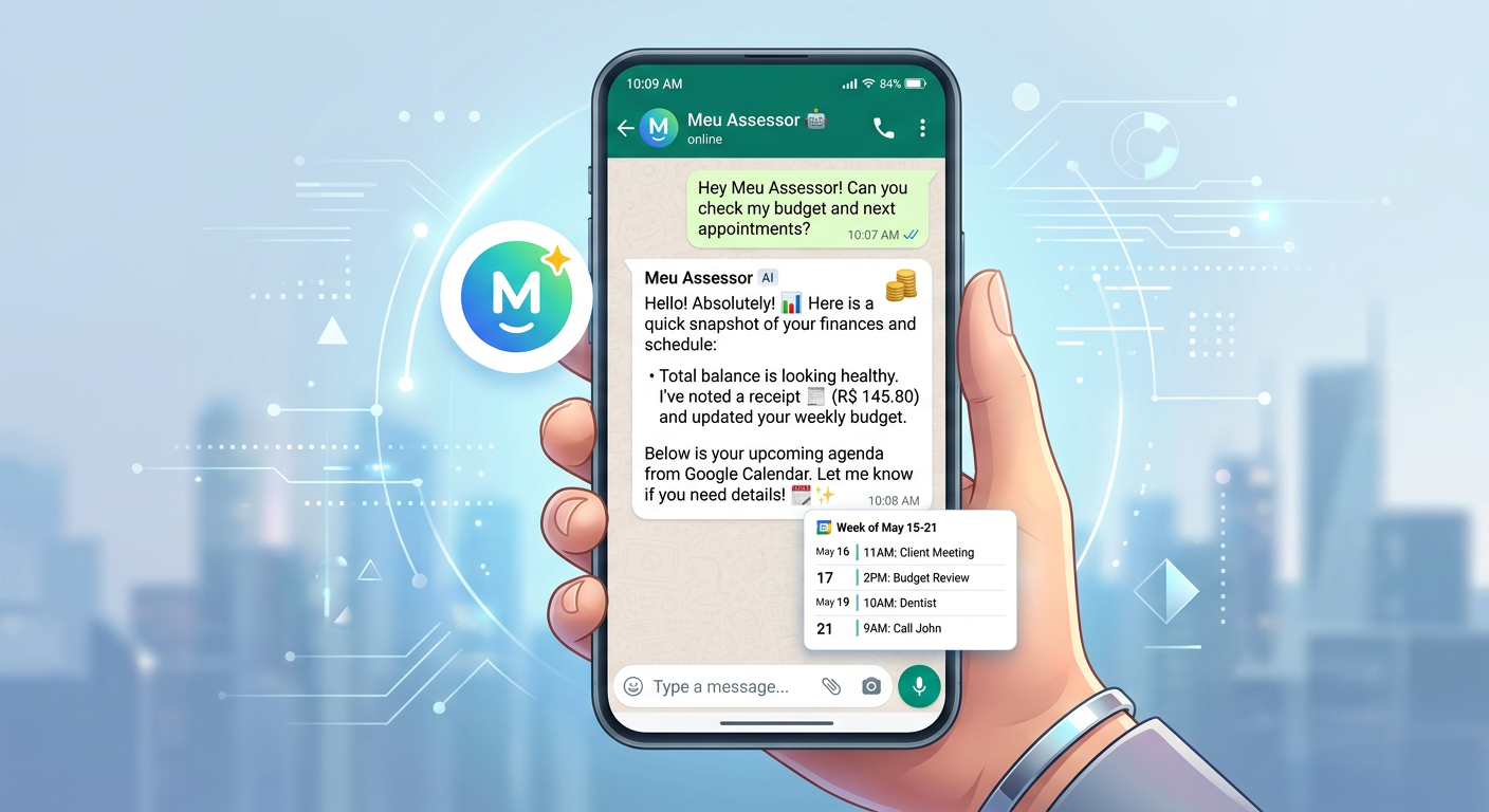 Ilustração de um smartphone com WhatsApp mostrando o assistente de IA do Meu Assessor, ícones de finanças e calendário sincronizado.