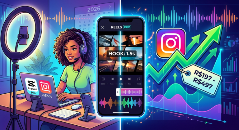 Ilustração de um smartphone com a interface do Reels Pro, mostrando cortes cinematográficos, hooks de 1,5 s e ondas de áudio, ao lado de um criador de conteúdo iluminado por ring light usando CapCut e InShot, com ícones de Instagram Reels e preço R$197‑R$497.
