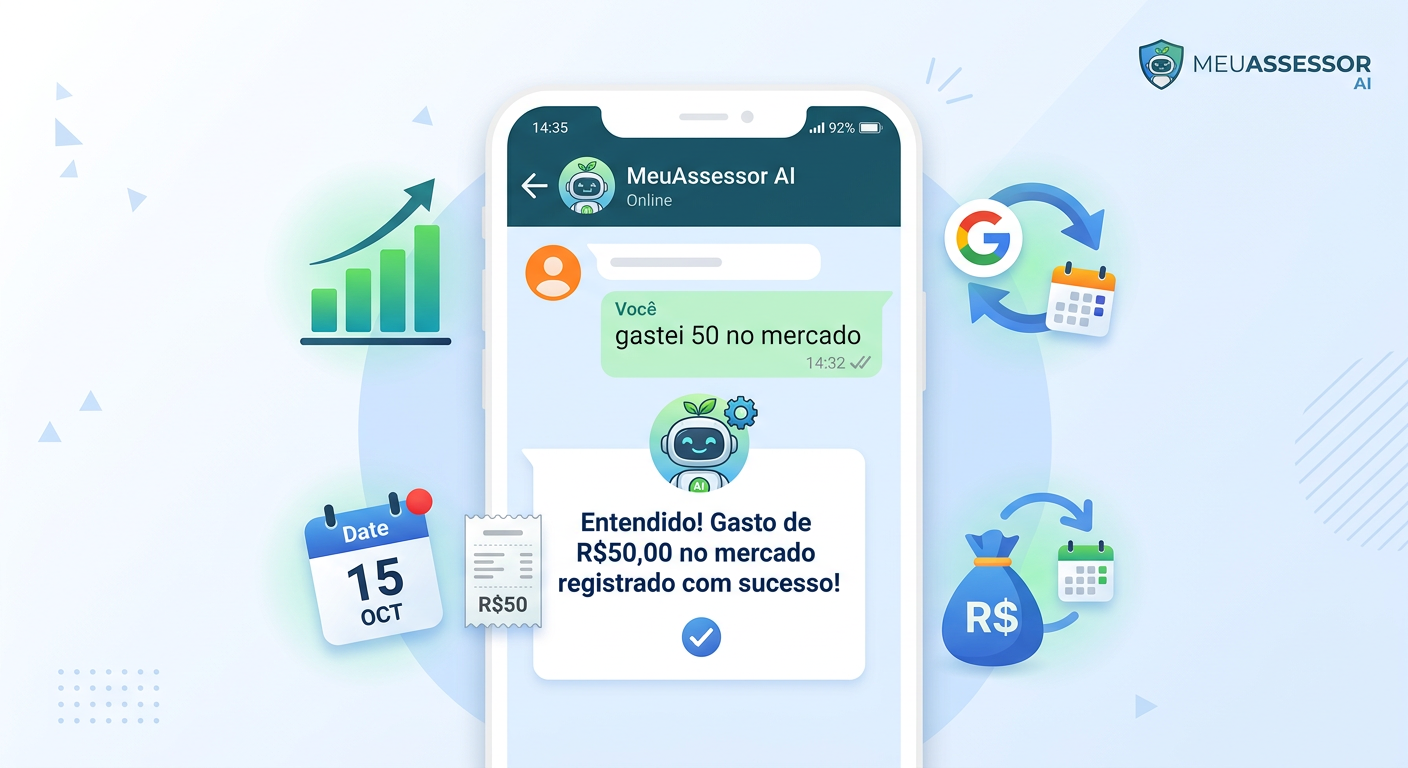 Ilustração de um celular exibindo conversa no WhatsApp com o assistente financeiro MeuAssessor, mostrando comandos de gasto e ícones de gráficos, calendário e dinheiro.