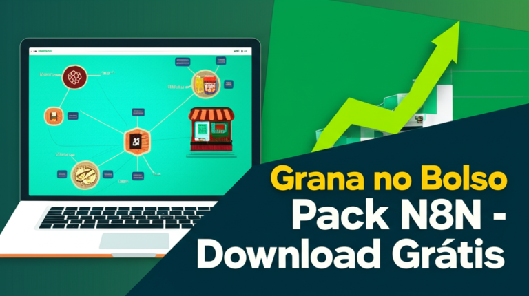 Ilustração de laptop com editor N8N mostrando fluxos de automação, ícones de IA, dinheiro e loja, simbolizando o curso Grana no Bolso Pack N8N gratuito.