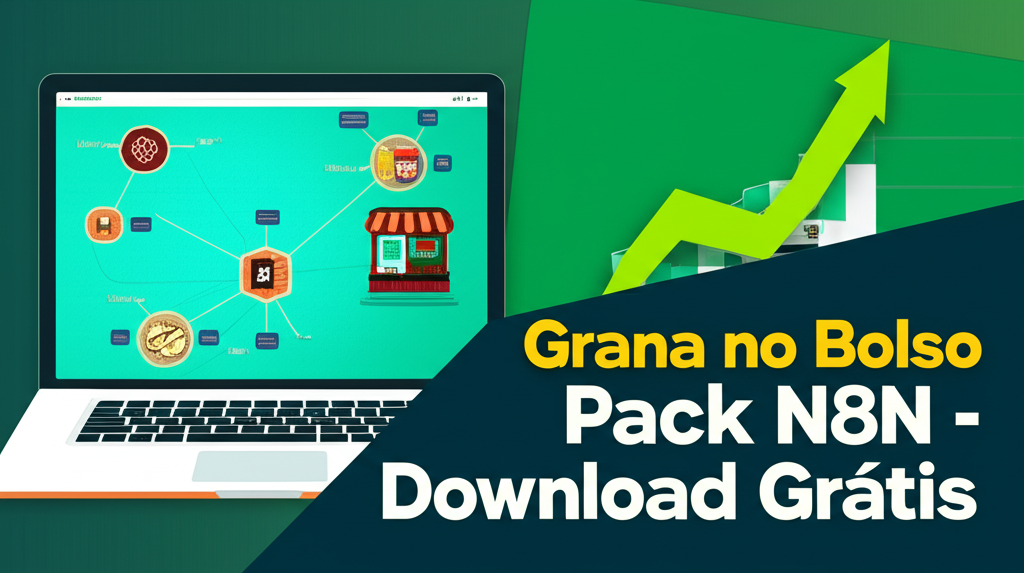 Grana no Bolso Pack N8N – É Grátis Como Baixar Acesso Download 1 Ilustração de laptop com editor N8N mostrando fluxos de automação, ícones de IA, dinheiro e loja, simbolizando o curso Grana no Bolso Pack N8N gratuito.