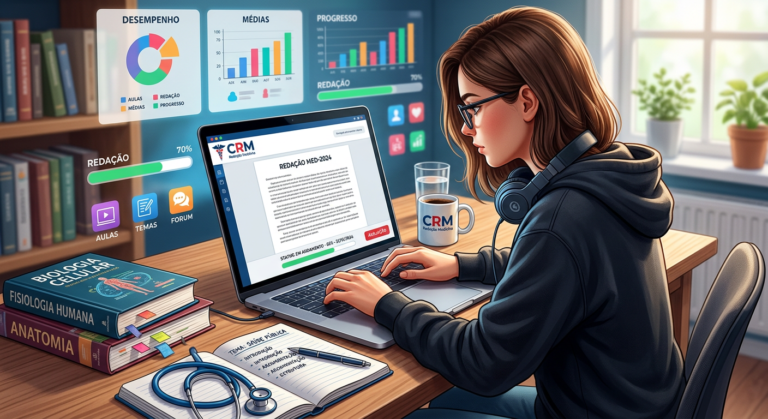 Estudante escrevendo redação para vestibular de medicina usando a plataforma CRM Redação Medicina em um laptop.