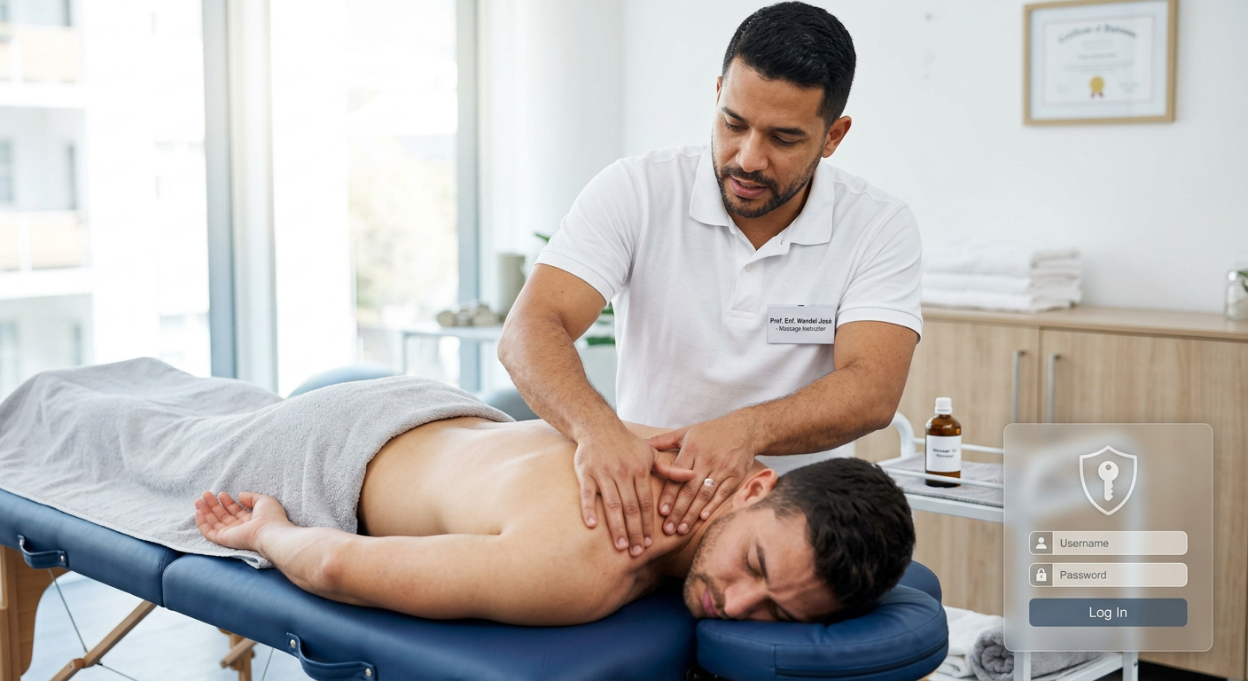 Prof. Enf. Wendel José demonstrando uma técnica de massoterapia anti‑dor em um cliente dentro de uma clínica moderna.