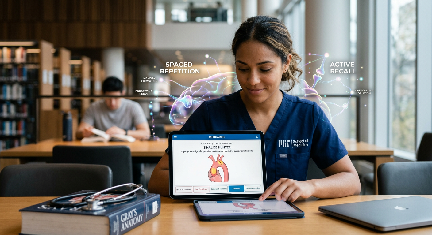 Estudante de medicina usando a plataforma Medcards em tablet, com flashcards interativos e gráficos cerebrais simbolizando memória e repetição espaçada para alta performance.