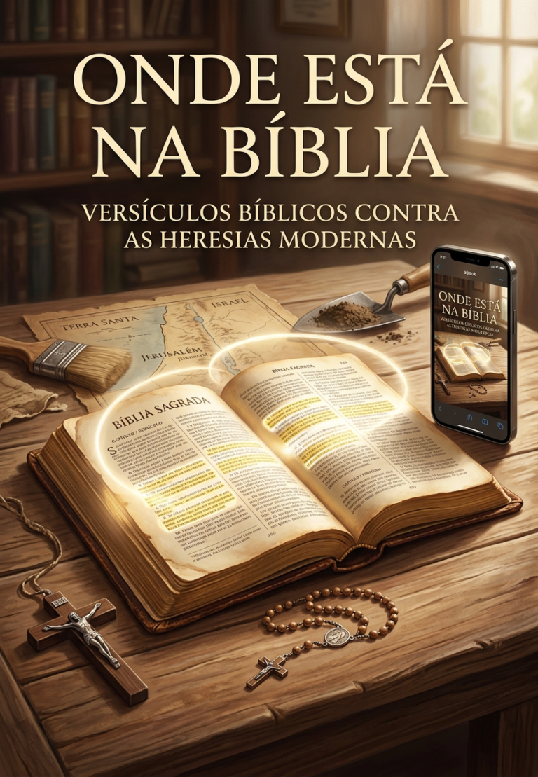 Capa do ebook "Onde está na Bíblia" com Bíblia aberta, versículos destacados, mapa de Israel, ferramentas arqueológicas e smartphone, ao fundo símbolos católicos.