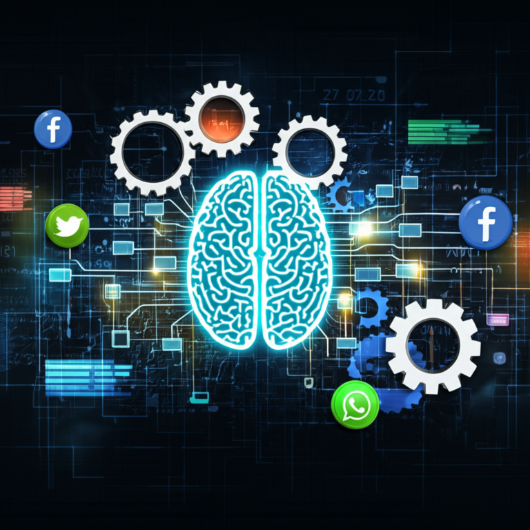 Ilustração técnica da arquitetura de um sistema de IA para criação de conteúdo. Engrenagens digitais conectam um cérebro de IA central a ícones de redes sociais e WhatsApp, representando automação, personalização e eficiência no marketing digital.