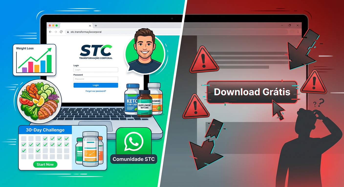 Ilustração dividida mostrando o login oficial do STC Transformação Corporal com coach, gráficos e comunidade ao lado de um botão de download grátis perigoso e confuso.