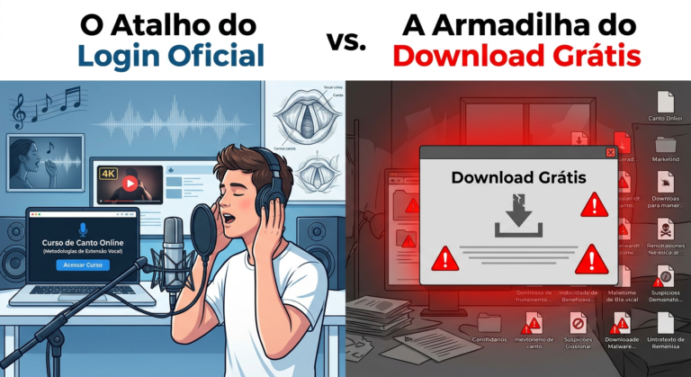 Ilustração dividida mostrando à esquerda o login oficial do Curso de Canto Online com microfone e laptop, e à direita a armadilha de download grátis com ícones de aviso e arquivos suspeitos.
