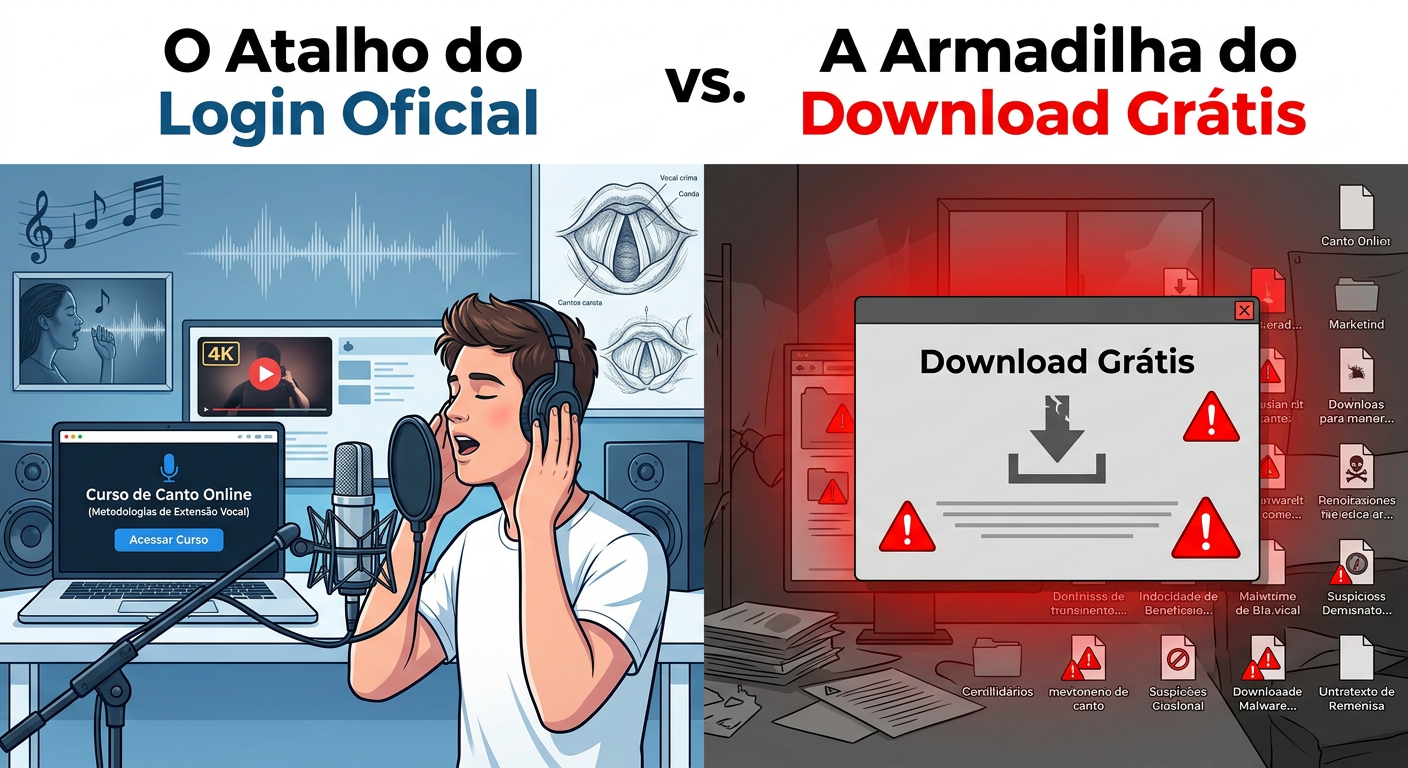 Ilustração dividida mostrando à esquerda o login oficial do Curso de Canto Online com microfone e laptop, e à direita a armadilha de download grátis com ícones de aviso e arquivos suspeitos.