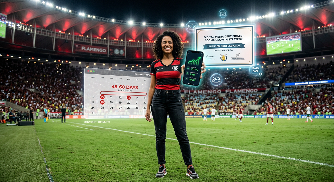 Jovem modelo posando no estádio, simbolizando o programa Musa do Brasileirão, misturando moda, futebol e estratégias de redes sociais.