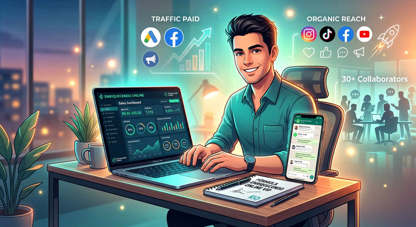 Ilustração de empreendedor digital estudando o curso Fórmula Enriquecendo Online VIIP, com laptop, smartphone e ícones de tráfego pago e orgânico, simbolizando suporte e independência financeira.