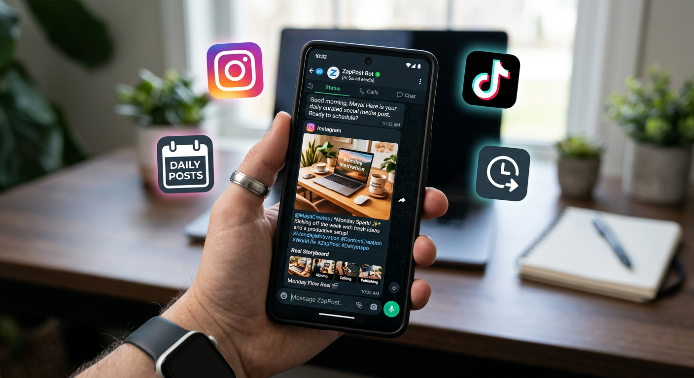 Tela de WhatsApp mostrando o ZapPost enviando posts diários personalizados para Instagram e Reels, com ícones das redes sociais ao redor.