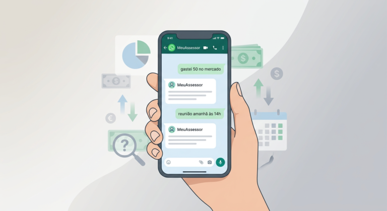 Mão usando o app MeuAssessor via WhatsApp para controle financeiro e organização de compromissos, com gráficos e um ponto de interrogação simbólico de 'custo oculto'.