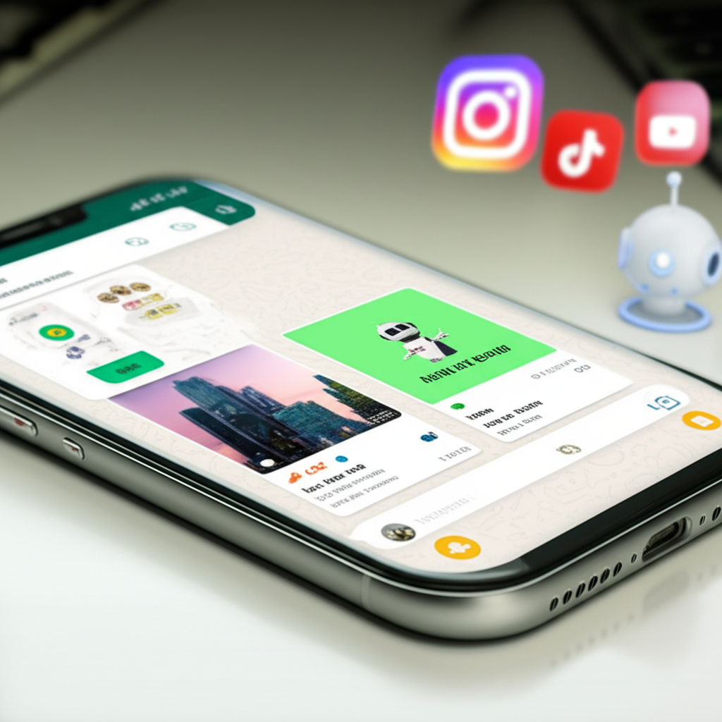 ZAPPOST – É Grátis Como Baixar Acesso Download 1 Smartphone displaying WhatsApp chat with AI robot delivering daily Instagram post templates and Reel script.