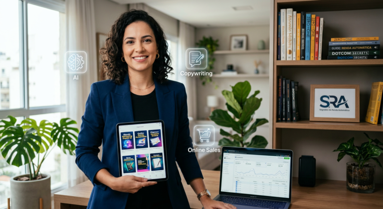 Nati Abreu apresentando o curso Segredos da Renda Automática em um ambiente de trabalho digital com IA e anúncios online.