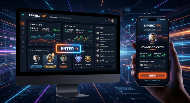 Tela de login da comunidade TakerZ PRO com ícones de alertas em tempo real, ranking gamificado e suporte diário para traders.