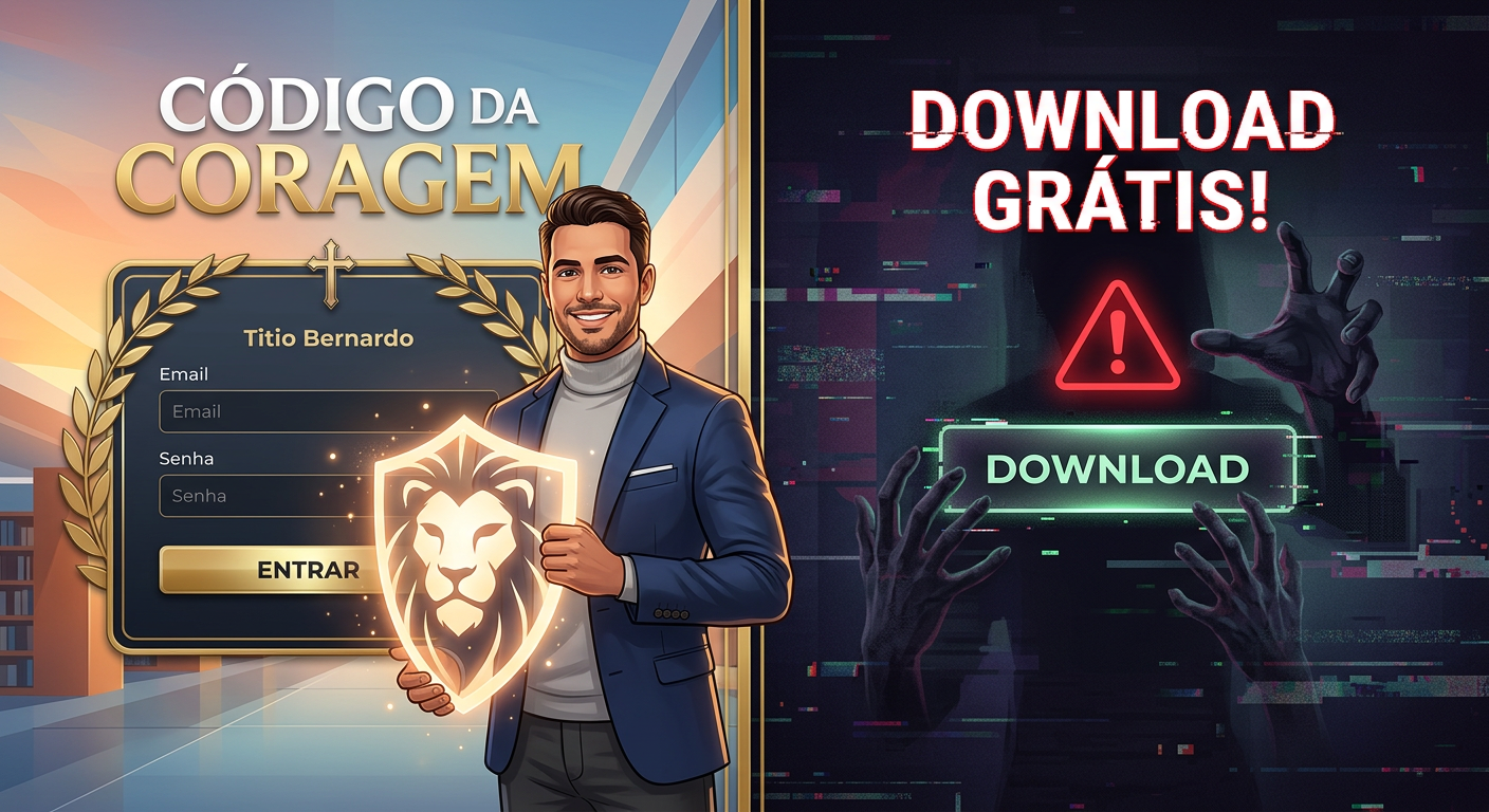 Titio Bernardo stands beside a golden official login portal while a dark free‑download trap looms on the other side.